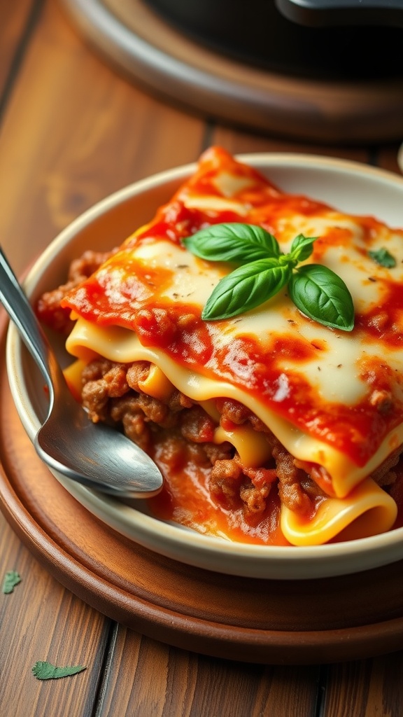 A comforting bowl of lasagna with ground beef, pasta, marinara sauce, and melted cheese, garnished with basil.